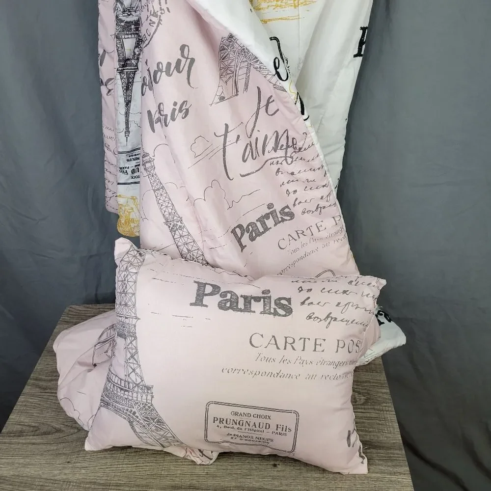 Twin Size Paris‎ Theme Reversible Blanket and Pillow Set